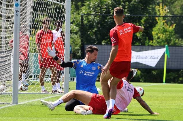 GER, Bayer 04 Leverkusen Training Camp in Blankenhain, August 3, 2026, Blankenhain, GER, 2026–2027 Season, Bundesliga 1, Bayer 04 Leverkusen Training Camp in Pictures: Goalkeeper Jannes Blaswich in Action. DFL regulations prohibit any use of photographs as image sequences and or quasi-video content.