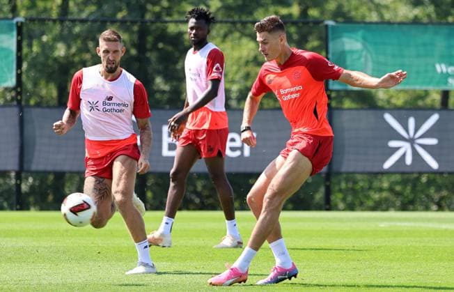 GER, Bayer 04 Leverkusen Training Camp in Blankenhain, August 3, 2026, Blankenhain, GER, 2026–2027 Season, Bundesliga 1, Bayer 04 Leverkusen Training Camp in Pictures: Patrik Schick with the Ball. DFL regulations prohibit any use of photographs as image sequences and or quasi-video content.