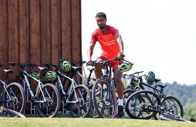 GER, Bayer 04 Leverkusen Training Camp in Blankenhain, August 3, 2026, Blankenhain, GER, 2026–2027 Season, Bundesliga 1, Bayer 04 Leverkusen Training Camp in Pictures: Loic Bade on a Bicycle. DFL regulations prohibit any use of photographs as image sequences and or quasi-video.