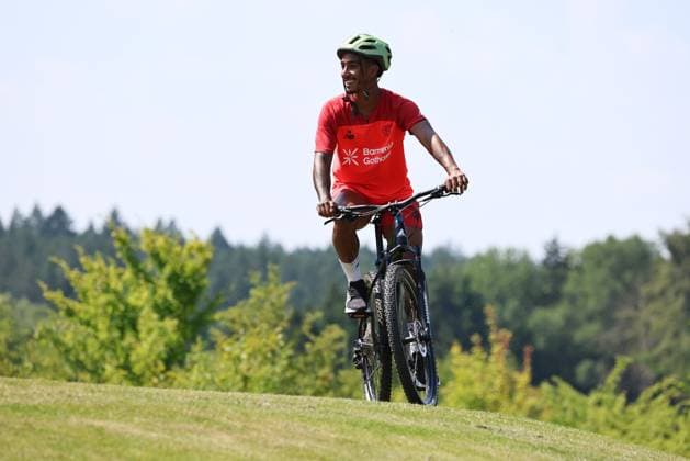 GER, Bayer 04 Leverkusen Training Camp in Blankenhain, August 3, 2026, Blankenhain, GER, 2026–2027 Season, Bundesliga 1, Bayer 04 Leverkusen Training Camp: Photo of Arthur on a Bicycle. DFL regulations prohibit any use of photographs as image sequences and or quasi-video content.