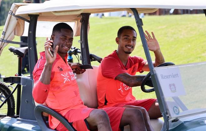 GER, Bayer 04 Leverkusen Training Camp in Blankenhain, August 3, 2026, Blankenhain, GER, 2026–2027 Season, 1. Bundesliga, Bayer 04 Leverkusen Training Camp in Pictures: Christian Kofane and Arthur in a Golf Caddy. DFL regulations prohibit any use of photographs as image sequences and or quasi-video.