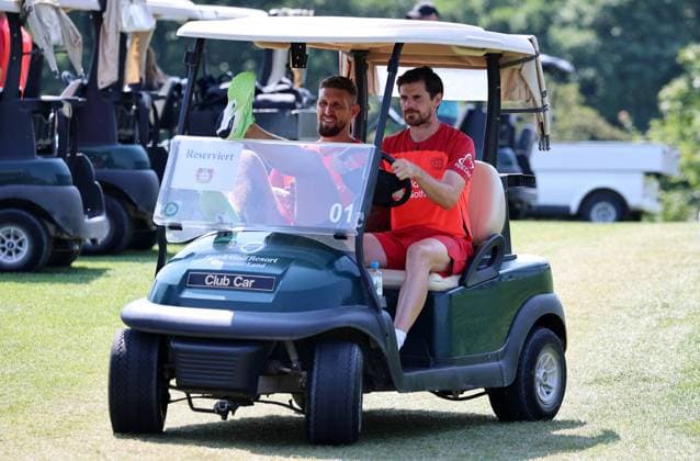 GER, Bayer 04 Leverkusen Training Camp in Blankenhain, August 3, 2026, Blankenhain, GER, 2026–2027 Season, Bundesliga 1, Bayer 04 Leverkusen Training Camp in Pictures: Robert Andrich and Jonas Hofmann with the Golf Caddy. DFL regulations prohibit any use of photographs as image sequences and or quasi-video.