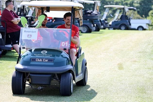 GER, Bayer 04 Leverkusen Training Camp in Blankenhain, August 3, 2026, Blankenhain, GER, 2026–2027 Season, Bundesliga 1, Bayer 04 Leverkusen Training Camp in Pictures: Robert Andrich and Jonas Hofmann with the Golf Caddy. DFL regulations prohibit any use of photographs as image sequences and or quasi-video.