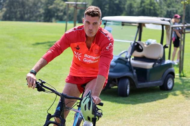 GER, Bayer 04 Leverkusen Training Camp in Blankenhain, August 3, 2026, Blankenhain, GER, 2026–2027 Season, Bundesliga 1, Bayer 04 Leverkusen Training Camp in Pictures: Patrik Schick on a Bicycle. DFL regulations prohibit any use of photographs as image sequences and or quasi-video.
