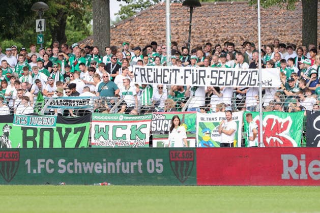 August 1, 2026, Men s Soccer, 2026–2027 Season, Bavarian Regional League, Matchday 2: 1 FC Schweinfurt 1905 vs. TSV 1860 Munich; Banner held by Schweinfurt fans reading Freedom for Sixty ; Schweinfurt Riedel Bau Arena at Sachs Stadio, Bavaria, Lower Franconia, Germany