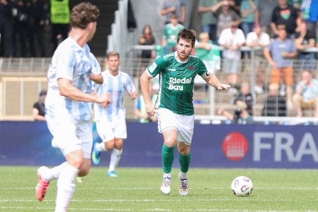 August 1, 2026, Men s Soccer, 2026–2027 Season, Bavarian Regional League, Matchday 2: 1 FC Schweinfurt 1905 vs. TSV 1860 Munich; Kevin Fery of FC Schweinfurt 05, No. 15, with the ball at the Schweinfurt Riedel Bau Arena in the Sachs Stadium, Bavaria, Lower Franconia, Germany