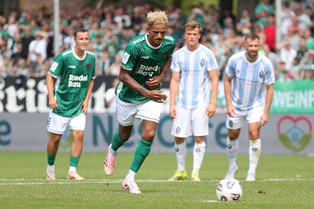 August 1, 2026, Men s Soccer, 2026–2027 Season, Bavarian Regional League, Matchday 2: 1 FC Schweinfurt 1905 vs. TSV 1860 Munich; Mike Dellinger (FC Schweinfurt 05) scored on a penalty kick at the Riedel Bau Arena in Sachs Stadio, Bavaria, Lower Franconia, Germany