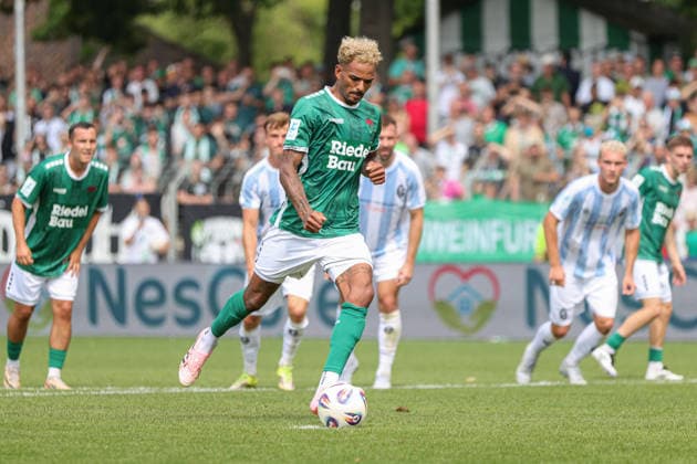August 1, 2026, Men s Soccer, 2026–2027 Season, Bavarian Regional League, Matchday 2: 1 FC Schweinfurt 1905 vs. TSV 1860 Munich; Mike Dellinger (FC Schweinfurt 05) scored on a penalty kick at the Riedel Bau Arena in Sachs Stadio, Bavaria, Lower Franconia, Germany