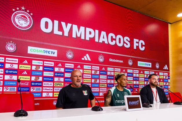 Athens , 03-08-2026 , Stadio Georgios Karaiskakis , third qualifying round of the Champions League , season 2026 2027 , press conference, PK, Pressekonferenz NEC in Athens , picture shows , NEC coach Dick Schreuder , NEC player Tjaronn Chery , Nick van der Cammen Press conference NEC Athens x205434756x Copyright: