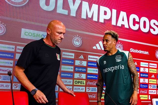 Athens , 03-08-2026 , Stadio Georgios Karaiskakis , third qualifying round of the Champions League , season 2026 2027 , press conference, PK, Pressekonferenz NEC in Athens , picture shows , NEC coach Dick Schreuder , NEC player Tjaronn Chery Press conference NEC Athens x205434773x Copyright: