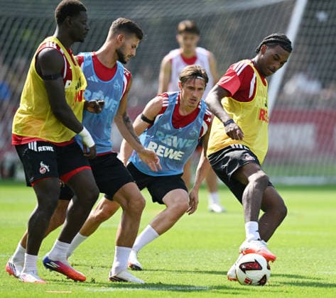 August 3, 2026, xophax, Soccer, Bundesliga 1, 1. FC Köln Training at the Geissbockheim of 1. FC Köln. From left to right: Ragnar Ache, Tom Krauss, Alessio Castro Montes, Reigan Heskey—all of 1. FC Köln.