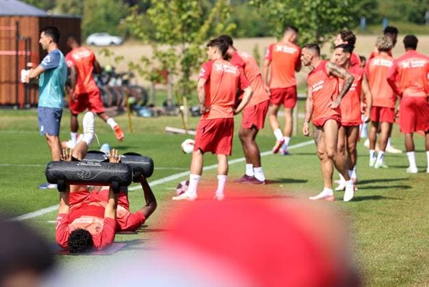 GER, Bayer 04 Leverkusen Training Camp in Blankenhain, August 3, 2026, Blankenhain, GER, 2026–2027 Season, Bundesliga 1, Bayer 04 Leverkusen Training Camp in Pictures, including Ibrahim Maza; Leverkusen training with a roller. DFL regulations prohibit any use of photographs as image sequences and or quasi-video.