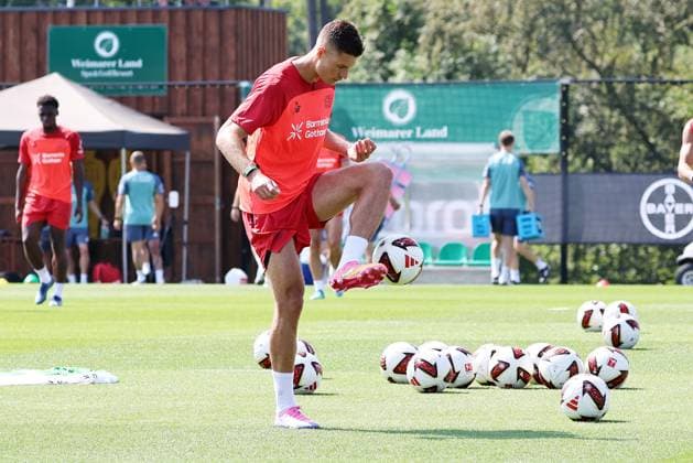 GER, Bayer 04 Leverkusen Training Camp in Blankenhain, August 3, 2026, Blankenhain, GER, 2026–2027 Season, Bundesliga 1, Bayer 04 Leverkusen Training Camp in Pictures: Patrik Schick, Leverkusen on the Ball. DFL regulations prohibit any use of photographs as image sequences and or quasi-video content.