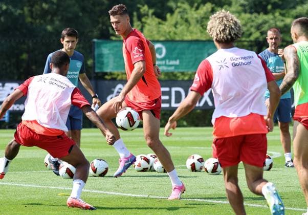 GER, Bayer 04 Leverkusen Training Camp in Blankenhain, August 3, 2026, Blankenhain, GER, 2026–2027 Season, Bundesliga 1, Bayer 04 Leverkusen Training Camp in Pictures: Patrik Schick, Leverkusen on the Ball. DFL regulations prohibit any use of photographs as image sequences and or quasi-video content.
