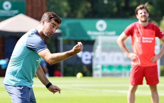 GER, Bayer 04 Leverkusen Training Camp in Blankenhain, August 3, 2026, Blankenhain, GER, 2026–2027 Season, Bundesliga 1, Bayer 04 Leverkusen Training Camp in Pictures: Coach Carles Martinez, Leverkusen. DFL regulations prohibit any use of photographs as image sequences and or quasi-video content.