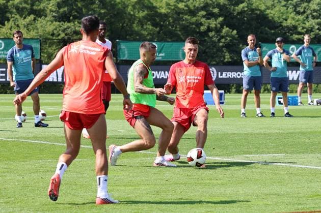 GER, Bayer 04 Leverkusen Training Camp in Blankenhain, August 3, 2026, Blankenhain, GER, 2026–2027 Season, Bundesliga 1, Bayer 04 Leverkusen Training Camp in Pictures: Aleix Garcia (Leverkusen) vs. Patrik Schick (Leverkusen). DFL regulations prohibit any use of photographs as image sequences and or quasi-video content.