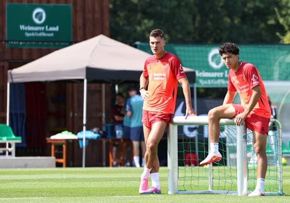 GER, Bayer 04 Leverkusen Training Camp in Blankenhain, August 3, 2026, Blankenhain, GER, 2026–2027 Season, Bundesliga 1, Bayer 04 Leverkusen Training Camp in Pictures: Patrik Schick (Leverkusen) and Ibrahim Maza (Leverkusen). DFL regulations prohibit any use of photographs as image sequences and or quasi-video content.