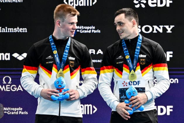 Lou Noel Guy Massenberg, Jonathan Gisbert Schauer of Germany, gold attend the medal ceremony of the diving 3m Springboard Synchro Men Final during the European Aquatics Championships at the Olympic Aquatic Center in Paris (France), August 3, 2026. Andrea Masini Deepbluemedia Insidefoto