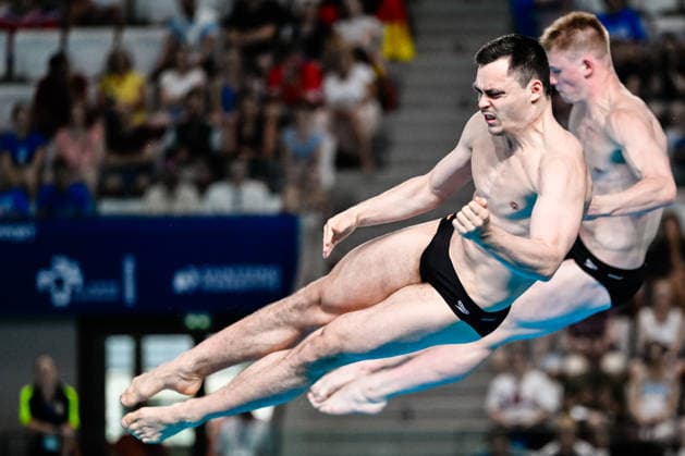 Lou Noel Guy Massenberg of Germany, Jonathan Gisbert Schauer of Germany compete in the Diving 3m Springboard Synchro Men Final with the coaches during the European Aquatics Championships at the Olympic Aquatic Center in Paris (France), August 3, 2026. Andrea Masini Deepbluemedia Insidefoto