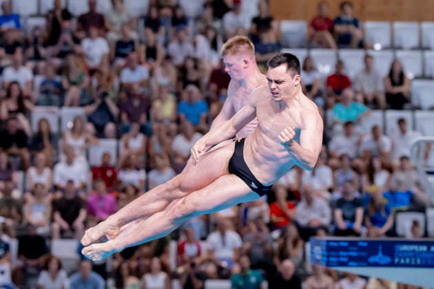 France, Paris, Centre Aquatique Olympique Metropole du Grand Paris, August 3, 2026, European Aquatics Championships – Artistic Swimming, Day 4, Men’s 3m Springboard Synchronized Final, Lou Noel Guy Massenberg and Jonathan Giesbert Schauer of Germany, Photo by Eibner Pressefoto Tino Henschel European Aquatics Championships Artistic Swimming, Day 4, Men’s 3m Springboard Synchronized Final, Paris Copyright: xEibnerxPressefotox