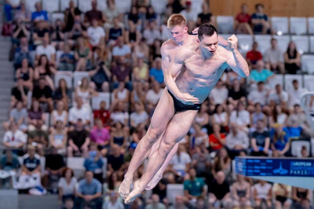 France, Paris, Centre Aquatique Olympique Metropole du Grand Paris, August 3, 2026, European Aquatics Championships – Artistic Swimming, Day 4, Men’s 3m Springboard Synchronized Final, Lou Noel Guy Massenberg and Jonathan Giesbert Schauer of Germany, Photo by Eibner Pressefoto Tino Henschel European Aquatics Championships Artistic Swimming, Day 4, Men’s 3m Springboard Synchronized Final, Paris Copyright: xEibnerxPressefotox