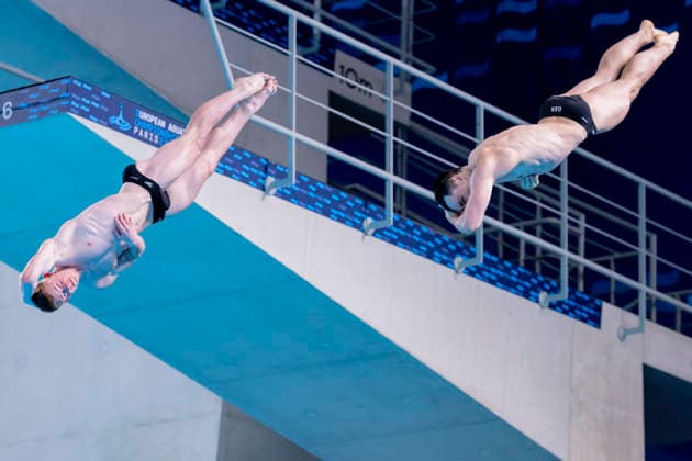 France, Paris, Centre Aquatique Olympique Metropole du Grand Paris, August 3, 2026, European Aquatics Championships – Artistic Swimming, Day 4, Men’s 3m Springboard Synchronized Final, Lou Noel Guy Massenberg and Jonathan Giesbert Schauer of Germany, Photo by Eibner Pressefoto Tino Henschel European Aquatics Championships Artistic Swimming, Day 4, Men’s 3m Springboard Synchronized Final, Paris Copyright: xEibnerxPressefotox