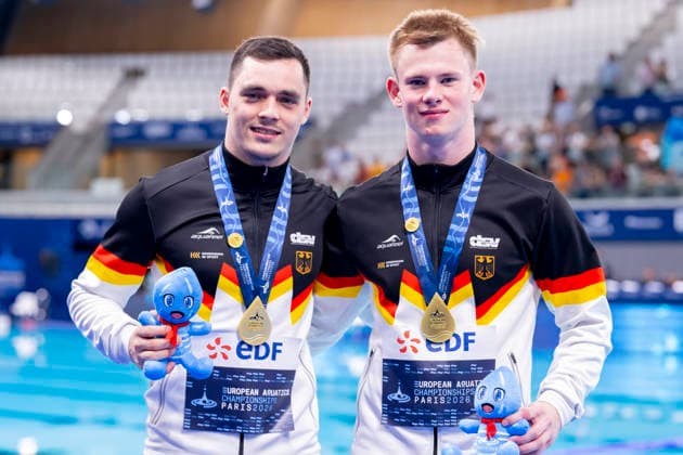 France, Paris, Centre Aquatique Olympique Metropole du Grand Paris, August 3, 2026, European Aquatics Championships – Artistic Swimming, Day 4, Men’s 3m Springboard Synchronized Final, Lou Noel Guy Massenberg and Jonathan Giesbert Schauer of Germany celebrate winning the gold medal, Photo by Eibner Pressefoto Tino Henschel European Aquatics Championships Artistic Swimming, Day 4, Men’s 3m Springboard Synchronized Final, Paris Copyright: xEibnerxPressefotox
