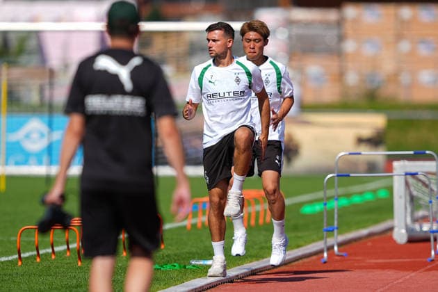 August 4, 2026, xydrx, soccer, training camp, Borussia Mönchengladbach, 2026–2027 season, Birkenmoos Stadium, Kevin Stoeger, Borussia Mönchengladbach, 7, and Zento Uno, Borussia Mönchengladbach, 47. DFB regulations prohibit any use of photographs as image sequences and or quasi-video. Copyright: HMBxMedia YannisxDreimann