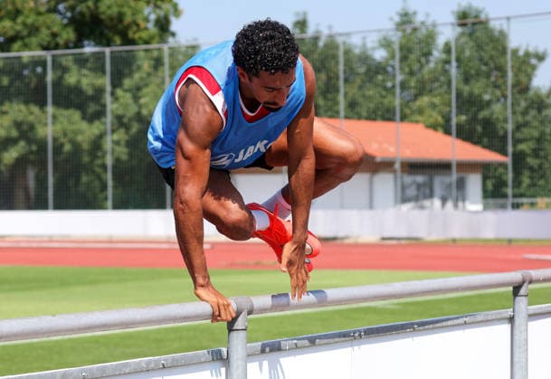 August 4, 2026, Germany, Grassau, Bundesliga, 2026–2027 season, VfB Stuttgart training camp, Tiago Tomas jumps over the barrier