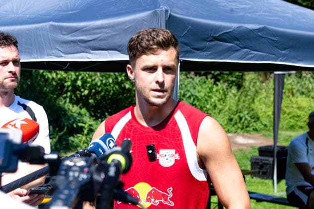 Christoph Baumgartner of RB Leipzig, No. 14, faces the press after a long history of illness; RB Leipzig, soccer, training camp in Austria, preseason, 2026–2027 season, GER, August 4, 2026, Eibner press photo by Andreas Ulmer, RB Leipzig, soccer, training camp in Austria, preseason, 2026–2027 season, GER, August 4, 2026, Copyright: xEibner-Pressefoto AndreasxUlmerx EP_AUR