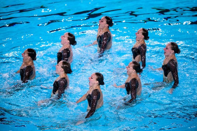 August 4, 2026: Athletes from Team Neutral Athletes B Russia compete in the artistic swimming team technical final on the fifth day of the 2026 European Aquatics Championships on August 4, 2026 in Saint Denis. Photo by Joel Marklund. BILDBYRAN code JM JM0831 bbeng artistic swimming 2026 European Aquatics Championships EM Russia  Copyright: JOELxMARKLUND BB260804JM008