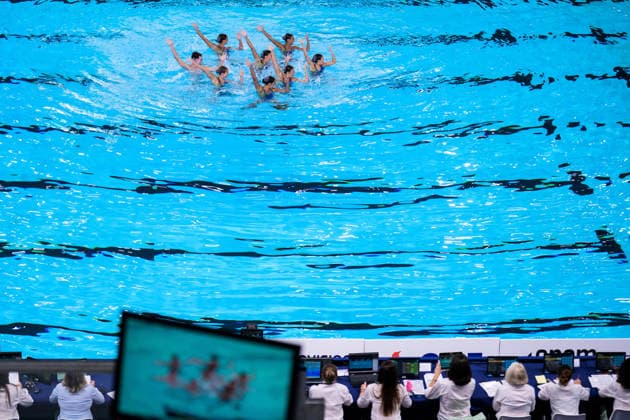 August 4, 2026: Athletes from Team Israel compete in the artistic swimming team technical final on the fifth day of the 2026 European Aquatics Championships on August 4, 2026 in Saint-Denis. Photo by Joel Marklund, BILDBYRAN, code JM JM0831 bbeng artistic swimming 2026 European Aquatics Championships EM  Copyright: JOELxMARKLUND BB260804JM014