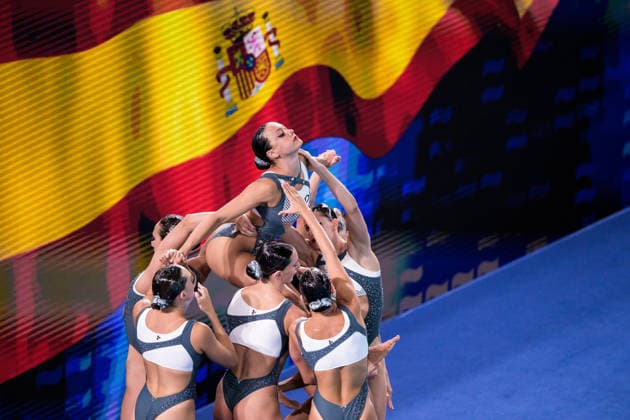 August 4, 2026: Members of Team Spain compete in the artistic swimming team technical final on day five of the 2026 European Aquatics Championships on August 4, 2026 in Saint-Denis. Photo by Joel Marklund, BILDBYRAN. Code: JM JM0831 bbeng artistic swimming 2026 European Aquatics Championships EM  Copyright: JOELxMARKLUND BB260804JM016