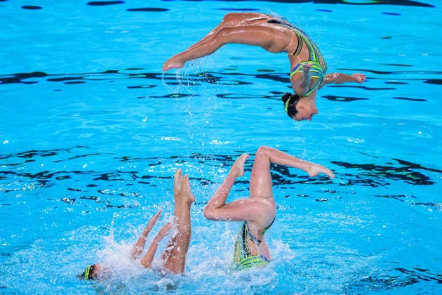 August 4, 2026: Athletes from Team France compete in the artistic swimming team technical final on the fifth day of the 2026 European Aquatics Championships on August 4, 2026 in Saint-Denis. Photo by Joel Marklund, BILDBYRAN, code JM JM0831 bbeng artistic swimming 2026 European Aquatics Championships EM  Copyright: JOELxMARKLUND BB260804JM019