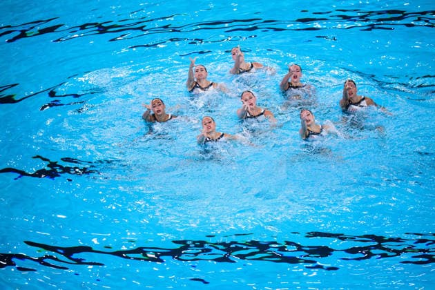 August 4, 2026: Members of Team Spain compete in the artistic swimming team technical final on day five of the 2026 European Aquatics Championships on August 4, 2026 in Saint-Denis. Photo by Joel Marklund, BILDBYRAN. Code: JM JM0831 bbeng artistic swimming 2026 European Aquatics Championships EM  Copyright: JOELxMARKLUND BB260804JM026