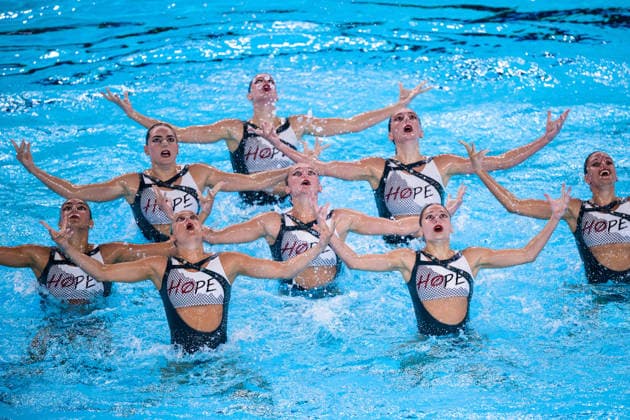 August 4, 2026: Members of Team Spain compete in the artistic swimming team technical final on day five of the 2026 European Aquatics Championships on August 4, 2026 in Saint-Denis. Photo by Joel Marklund, BILDBYRAN. Code: JM JM0831 bbeng artistic swimming 2026 European Aquatics Championships EM  Copyright: JOELxMARKLUND BB260804JM027
