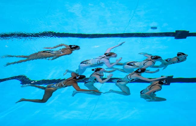August 4, 2026: Athletes from Team Great Britain compete in the artistic swimming team technical final on day five of the 2026 European Aquatics Championships on August 4, 2026 in Saint Denis. Photo by Joel Marklund, BILDBYRAN. Code: JM JM0831 bbeng artistic swimming 2026 European Aquatics Championships EM  Copyright: JOELxMARKLUND BB260804JM032