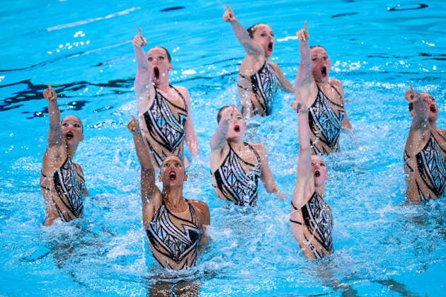 August 4, 2026: Athletes from Team Great Britain compete in the artistic swimming team technical final on day five of the 2026 European Aquatics Championships on August 4, 2026 in Saint Denis. Photo by Joel Marklund, BILDBYRAN. Code: JM JM0831 bbeng artistic swimming 2026 European Aquatics Championships EM  Copyright: JOELxMARKLUND BB260804JM033