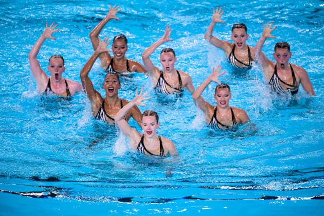 August 4, 2026: Athletes from Team Great Britain compete in the artistic swimming team technical final on day five of the 2026 European Aquatics Championships on August 4, 2026 in Saint Denis. Photo by Joel Marklund, BILDBYRAN. Code: JM JM0831 bbeng artistic swimming 2026 European Aquatics Championships EM  Copyright: JOELxMARKLUND BB260804JM034