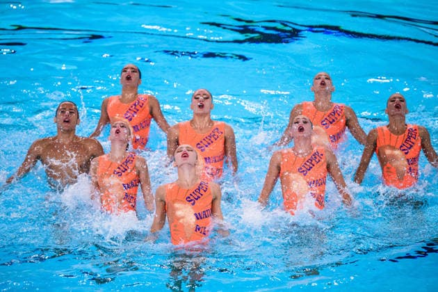 August 4, 2026: Members of Team Greece compete in the artistic swimming team technical final on the fifth day of the 2026 European Aquatics Championships on August 4, 2026 in Saint Denis. Photo by Joel Marklund, BILDBYRAN. Code: JM JM0831 bbeng artistic swimming 2026 European Aquatics Championships EM  Copyright: JOELxMARKLUND BB260804JM036