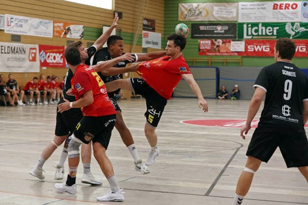 August 4, 2026, xovx, Lindencup Handball, HSG Linden vs. HSG Wettenberg: Luca Weimer (HSG Linden), Tristan Schepp (HSG Wettenberg), Maduwike Okpara (HSG Linden), Fabian Weide (HSG Wettenberg), Moritz Schmeel (HSG Linden); Linden Stadthalle, Hesse, Germany, DE