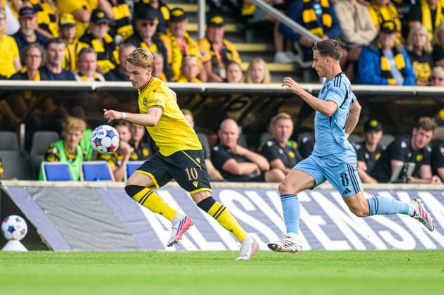 August 4, 2026: Jeppe Kjaer of Mjällby and Artur Gajdos of Slovan Bratislava during the Champions League soccer qualifying match between Mjällby and Slovan Bratislava on August 4, 2026 in Hällevik. Photo by Christoffer Borg Mattisson, BILDBYRAN COP 261 CB0545 soccer football fotball UEFA Champions League Champions League Mjällby Slovan Bratislava bbeng  Copyright: CHRISTOFFERxBORGxMATTISSON BB260804CB044
