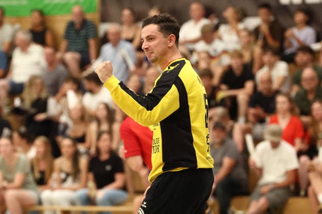 August 4, 2026, xovx, Lindencup Handball, HSG Linden vs. HSG Wettenberg; Aristotelis Moutopoulos celebrates; HSG Linden; Linden City Hall; Hesse, Germany; DE