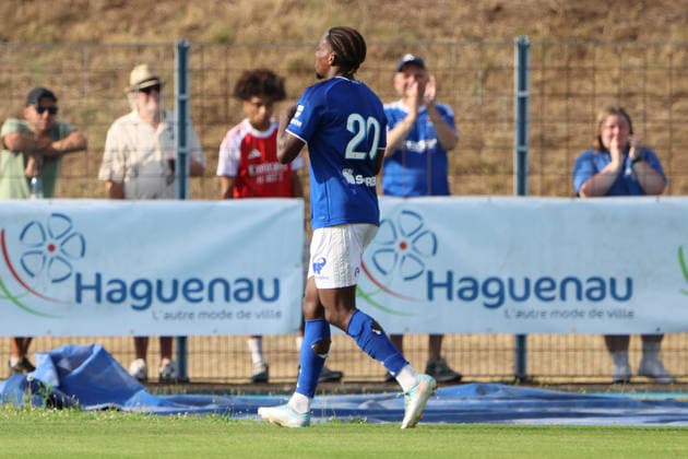 August 4, 2026, Soccer, Men s, Friendly Match, 2026–2027 Season, Racing Strasbourg vs. SV 07 Elversberg, celebration of the 1–1 goal, goal scorer Martial Godo, Racing Strasbourg, Haguenau, Parc des Sports de Haguenau, Grand Est, France, FRA Copyright: xSebastianxBachx