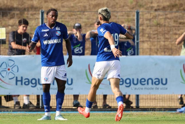 August 4, 2026, Soccer, Men s, Friendly Match, 2026–2027 Season, Racing Strasbourg vs. SV 07 Elversberg, celebration of the 1–1 goal, goal scorer Martial Godo, Racing Strasbourg, Haguenau, Parc des Sports de Haguenau, Grand Est, France, FRA Copyright: xSebastianxBachx