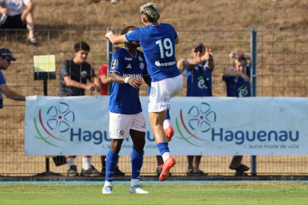August 4, 2026, Soccer, Men s, Friendly Match, 2026–2027 Season, Racing Strasbourg vs. SV 07 Elversberg, celebration of the 1–1 goal, goal scorer Martial Godo, Racing Strasbourg, Haguenau, Parc des Sports de Haguenau, Grand Est, France, FRA Copyright: xSebastianxBachx