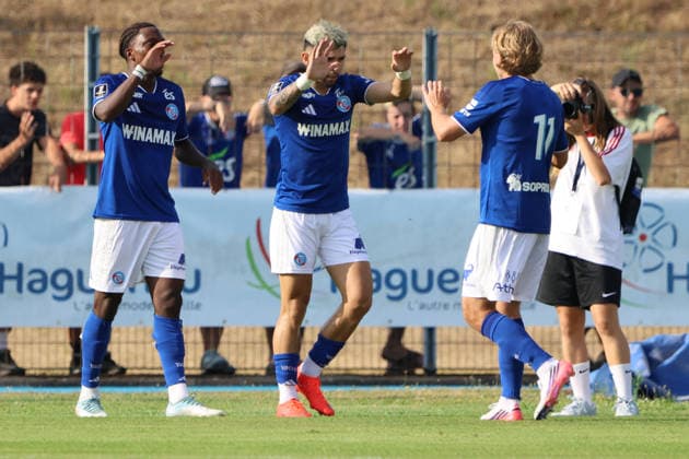 August 4, 2026, Soccer, Men s, Friendly Match, 2026–2027 Season, Racing Strasbourg vs. SV 07 Elversberg, celebration of the 1–1 goal, goal scorer Martial Godo, Racing Strasbourg, Haguenau, Parc des Sports de Haguenau, Grand Est, France, FRA Copyright: xSebastianxBachx