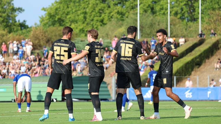 August 4, 2026, xrekx, Soccer Friendly Match, SV Elversberg vs. Racing Strasbourg; Luca Pfeiffer of SV 07 Elversberg scores the goal, Goal, scores the goal to make it 1–2. DFL and DFB regulations prohibit any use of photographs as image sequences and or quasi-video. Haguenau