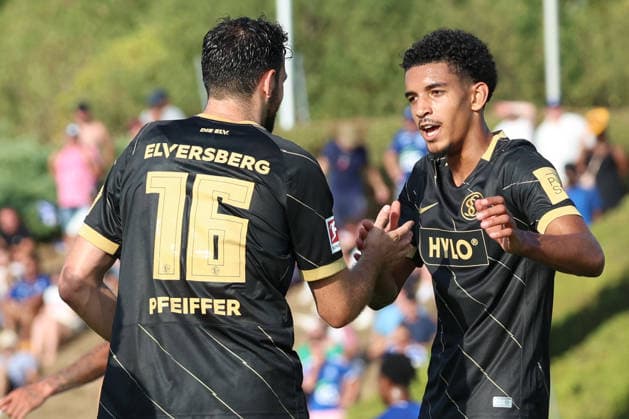 August 4, 2026, xrekx, Soccer Friendly Match, SV Elversberg vs. Racing Strasbourg; Luca Pfeiffer of SV 07 Elversberg scores the goal, goal, scores the goal to make it 1–2 with Francis Onyeka, SV 07 Elversberg. DFL and DFB regulations prohibit any use of photographs as image sequences and or quasi-video. Haguenau