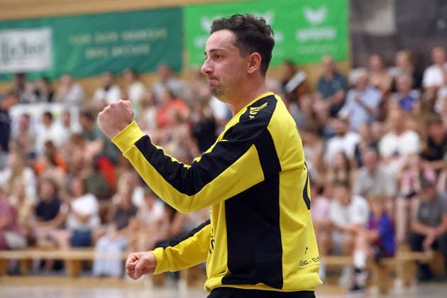 August 4, 2026, xovx, Lindencup Handball, HSG Linden vs. HSG Wettenberg; Aristotelis Moutopoulos celebrates; HSG Linden; Linden City Hall; Hesse, Germany; DE